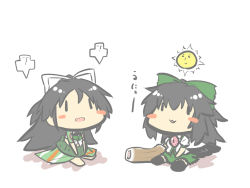 10s 2girls :3 black_hair chibi chikuwa commentary_request deformed food goma_(gomasamune) kantai_collection katsuragi_(kancolle) long_hair look-alike looking_up messy_hair multiple_girls open_mouth reiuji_utsuho shikigami simple_background sitting sketch touhou unyu wavy_mouth |_|