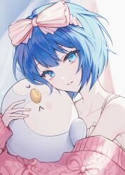 &gt;_&lt; 1girl anmin_dreamingribbon_(project_sekai) bird blue_eyes blue_hair commentary_request domyo hair_ribbon kiritani_haruka pajamas penguin pink_pajamas pink_shirt project_sekai ribbon shirt short_hair