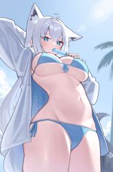 1girl absurdres animal_ears bikini blue_bikini blue_eyes blue_sky breasts cloud day deaver eating food fox_ears fox_girl highres holding holding_food holding_popsicle hololive large_breasts long_hair looking_at_viewer navel open_clothes open_shirt outdoors palm_tree popsicle shirakami_fubuki side-tie_bikini_bottom sky solo stomach sunlight swimsuit tree virtual_youtuber