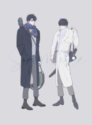 2boys bag bag_charm black_coat black_hair boots charm_(object) coat dokkaebi expressionless fringe_trim full_body grey_background hand_in_pocket hand_up highres kim_dokja looking_at_another multiple_boys omniscient_reader&#039;s_viewpoint raya_(000_unseen) scarf short_hair shoulder_bag standing sweater turtleneck turtleneck_sweater white_coat yoo_joonghyuk
