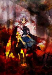 Rule 34 | 1girl, absurdres, black cape, black ribbon, black socks, blue eyes, blue skirt, boots, brooch, brown boots, cape, closed mouth, collared shirt, commentary request, expressionless, full body, grey hair, highres, holding, jewelry, kaigen 1025, kneehighs, muse (seihou), neck ribbon, pleated skirt, puffy short sleeves, puffy sleeves, red brooch, ribbon, seihou, shirt, short hair, short sleeves, skirt, socks, solo, thighhighs, white shirt