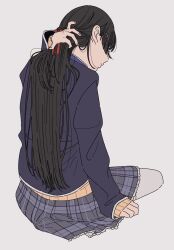 1girl black_hair black_jacket black_skirt brown_cardigan cardigan from_behind hair_ribbon hand_in_own_hair highres jacket kamatama_rom long_hair miniskirt nijisanji plaid_clothes plaid_skirt pleated_skirt ribbon school_uniform simple_background sitting skirt solo thighhighs tsukino_mito tsukino_mito_(1st_costume) virtual_youtuber white_background white_thighhighs