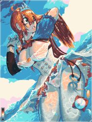 1girl cowboy_shot hair_between_eyes highres in_water long_hair looking_to_the_side nipples ocean orange_hair parted_lips pecorine_(princess_connect!) pixel_art princess_connect! pxlfrug sky tiara wet wet_clothes
