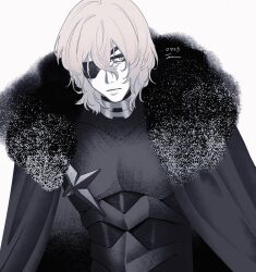 1boy armor bags_under_eyes black_armor black_cape black_fur blonde_hair blue_eyes breastplate cape closed_mouth commentary dimitri_alexandre_blaiddyd dimitri_alexandre_blaiddyd_(timeskip) eyepatch fire_emblem fire_emblem:_three_houses frown fur-trimmed_cape fur_trim hair_between_eyes highres looking_to_the_side male_focus nintendo parted_bangs sideways_glance simple_background solo upper_body white_background wn_ori22