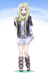 Rule 34 | 1girl, atelier (series), atelier lulua, atelier totori, black shoes, blue jacket, blush, braid, circlet, commentary request, dress, full body, green eyes, hand up, jacket, karasumi (aiseec), leg warmers, long hair, long sleeves, looking at viewer, open mouth, piana (atelier), shoes, skirt hold, smile, solo, standing, white dress
