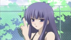 Rule 34 | 1girl, animated, anime screenshot, baka to test to shoukanjuu, bikini, blowing bubbles, blue eyes, blue hair, breasts, bubble, cleavage, female focus, hair ornament, highres, kirishima shouko, long hair, matching hair/eyes, medium breasts, mouth under water, navel, partially submerged, pool, poolside, skirt, smile, solo, swimsuit, tagme, very long hair, video, water