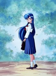 1990s_(style) 1girl asou_yuuko blue_eyes blue_hair female_focus game long_hair long_skirt looking_at_viewer looking_back matching_hair/eyes mugen_senshi_valis nec official_art outdoors pc_engine retro_artstyle school_uniform serafuku skirt solo telenet_japan valis very_long_hair