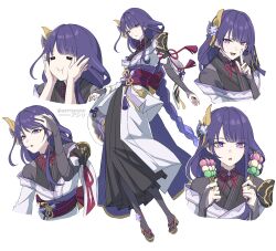 1girl :d :i =_= absurdres adapted_costume asiri_senpai black_pantyhose black_skirt bridal_gauntlets commentary dango food genshin_impact hakama hakama_skirt hand_up highres holding holding_food index_finger_raised japanese_clothes kimono long_braid long_hair long_skirt multiple_views obi off_shoulder open_mouth pantyhose purple_eyes purple_hair purple_kimono raiden_shogun red_sash sanshoku_dango sash skirt smile very_long_hair wagashi