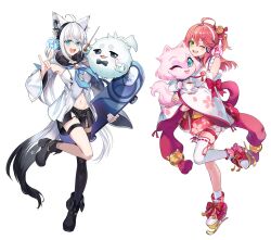 2girls :d ;d ahoge animal_ear_headphones animal_ears aqua_eyes artist_request asymmetrical_legwear bell black_boots black_shorts black_thighhighs blue_neckerchief boots bow braid crossed_bangs cup detached_sleeves double-parted_bangs fake_animal_ears feet_up footwear_bow fox_ears fox_girl fox_shadow_puppet fox_tail frilled_kimono frilled_thigh_strap frills front_slit full_body green_eyes groove_coaster hair_bell hair_between_eyes hair_ornament hairclip hakama hakama_short_skirt hakama_skirt headphones highres holding holding_skateboard hololive hood hooded_vest hoodie japanese_clothes jingle_bell kimono long_hair looking_at_viewer low_ponytail midriff multiple_girls navel neckerchief nontraditional_miko official_art one_eye_closed one_side_up open_mouth pentagram pink_hair ponytail red_skirt sakura_miko sakura_miko_(1st_costume) second-party_source shirakami_fubuki shirakami_fubuki_(1st_costume) short_shorts shorts side_braid sideless_kimono sidelocks simple_background single_braid single_sock single_thighhigh skateboard skirt sleeveless sleeveless_kimono smile socks tabi tail teacup teeth thigh_strap thighhighs uneven_legwear upper_teeth_only vest virtual_youtuber white_background white_hair white_sleeves white_socks white_thighhighs wide_sleeves x_hair_ornament