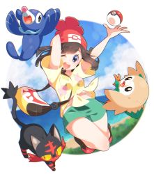 1girl absurdres beanie cloud commentary eyelashes gen_7_pokemon green_shorts hat highres litten looking_at_viewer nintendo one_eye_closed open_mouth poke_ball poke_ball_(basic) pokemon pokemon_(creature) pokemon_sm popplio red_headwear rowlet selene_(pokemon) shirt shoes shorts sky smile starter_pokemon_trio teeth tied_shirt tongue yellow_shirt yupiteru