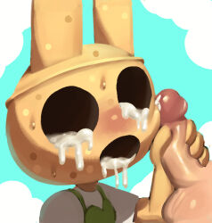1girl animal_crossing black_eyes blue_background blush coco_(animal_crossing) cum cum_in_eye cum_in_mouth disembodied_penis dripping erection flat_chest furry furry_female furry_with_non-furry green_vest hand_up highres hollow_eyes interspecies jaggy_lines lilmoonie nintendo nose_blush open_mouth penis penis_grab penis_on_face portrait rabbit_ears rabbit_girl shiny_skin shirt short_sleeves simple_background sketch solo_focus sweat testicles vest white_shirt