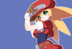 Rule 34 | 1girl, blonde hair, blue background, brown gloves, cabbie hat, cowboy shot, cropped jacket, gloves, green eyes, hat, jacket, kaidou zx, looking at viewer, mega man (series), mega man legends (series), red hat, red jacket, red shorts, roll caskett (mega man), shorts, simple background, smirk, solo