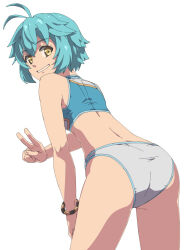 1girl ahoge antenna_hair blue_hair bracelet chiharu_(9654784) double-parted_bangs eiyuu_densetsu from_behind grin hair_between_eyes hajimari_no_kiseki highres jewelry looking_at_viewer millium_orion panties pantyshot short_hair simple_background smile solo sports_bra underwear v white_background white_panties yellow_eyes