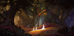 Rule 34 | 3girls, absurdres, chinnkun, cloak, dirt road, fantasy, forest, highres, holding, holding staff, hood, incredibly absurdres, landscape, leaf, mage staff, multiple girls, nature, original, painterly, road, rock, signature, staff, sunlight, white cloak