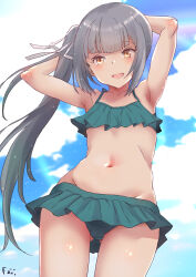 1girl armpits arms_behind_head arms_up bikini blue_bikini brown_eyes commentary cowboy_shot fuji_(pixiv24804665) gluteal_fold grey_hair highres kantai_collection kasumi_(kancolle) long_hair looking_at_viewer navel open_mouth ruffle_bikini side_ponytail solo swimsuit very_long_hair
