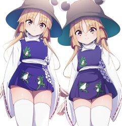 Rule 34 | 1girl, absurdres, animal print, blonde hair, darumoon, dual persona, frog print, gensokyo, hair ribbon, highres, long sleeves, moriya suwako, parted bangs, purple skirt, purple vest, pyonta, red ribbon, ribbon, shirt, skirt, skirt set, sleeves past wrists, thighhighs, touhou, turtleneck, vest, white shirt, wide sleeves, yellow eyes