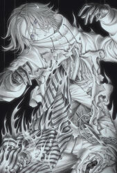 180_head_tilt 2boys 7nite absurdres aotsuki_eito arm_up black_background blanket blue_eyes body_horror book burning chain clone curled_up drawstring fire glasses gloves greyscale hands_up highres hole_in_chest hole_on_body jacket knife looking_at_viewer male_focus monochrome multiple_boys pants pill pill_bottle pocket puppet_strings short_hair simple_background sleeve_pouch spoilers spot_color striped_blanket the_hundred_line_-last_defense_academy- torn_clothes torn_jacket torn_pants weibo_username zipper