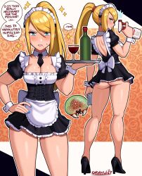 1girl absurdres apron ass blonde_hair blue_eyes blush breasts highres holding large_breasts long_hair looking_at_viewer maid maid_apron maid_headdress metroid metroid_(creature) mole mole_under_mouth nail_polish nintendo ponytail samus_aran sarukaiwolf