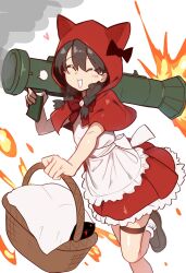 1girl ^_^ animal_ear_hood animal_ears apron basket blush braid brown_hair brown_shoes capelet cat_(nyanko_daisensou) cat_ears closed_eyes commentary dress ebora english_commentary facing_viewer fake_animal_ears heart highres holding holding_basket hood hooded_capelet m1_bazooka medium_hair minya_(nyanko_daisensou) nyanko_daisensou open_mouth rocket_launcher running shoes sleeveless sleeveless_dress smile socks solo thigh_strap twin_braids weapon white_socks