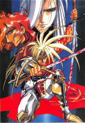 3boys armor blonde_hair blood forehead_protector highres katana knight langrisser langrisser_iii multiple_boys red_hair silver_hair sword urushihara_satoshi warrior weapon