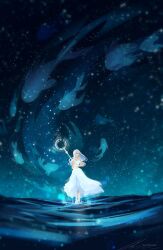 1girl atmospheric_perspective blue_sky blue_theme dress fish glowing goldfish hair_flowing_over holding holding_staff layered_dress light_particles night ocean original outdoors painterly shaped_cloud sky solo staff star_(sky) starry_sky swirl too_many too_many_fish walking walking_on_liquid wavy_hair white_dress white_hair zandra