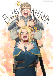 1boy 1girl armor artist_name blonde_hair braid breasts brown_eyes choker chuunibyou cleavage commentary dungeon_meshi elf english_commentary green_eyes highres koolaidbois laios_touden laughing long_hair marcille_donato open_mouth pointy_ears red_choker smile twin_braids twitter_username