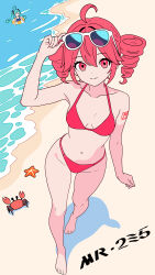 1girl 2girls absurdres artist_name bare_legs bare_shoulders beach bikini breasts collarbone commentary crab eyewear_on_head full_body hatsune_miku highres kasane_teto looking_at_viewer mr235 multiple_girls navel ocean red_bikini red_eyes red_hair ringlets sand small_breasts solo standing starfish sunglasses swimsuit twintails utau vocaloid