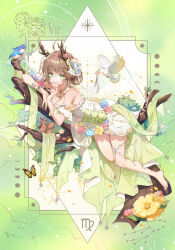 1girl animal antlers bare_shoulders barefoot bird bird_request blue_flower branch breasts brown_hair bug butterfly cleavage commentary_request covered_mouth dress flower green_eyes green_shawl hair_bun holding holding_flower horns insect looking_at_viewer medium_breasts original pink_flower pink_rose renian rose shawl solo squirrel virgo_(symbol) virgo_(zodiac) white_dress white_flower white_rose yellow_flower zodiac
