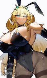 1girl abs animal_ears bare_shoulders barghest_(fate) biceps black_gloves black_leotard blonde_hair blush breasts brown_pantyhose cleavage covered_navel detached_collar elbow_gloves fake_animal_ears fate/grand_order fate_(series) gloves green_eyes highleg highleg_leotard highres horns huge_breasts kabosoi_mangaka leotard long_hair looking_at_viewer muscular muscular_female pantyhose playboy_bunny rabbit_ears sidelocks solo thick_thighs thighs