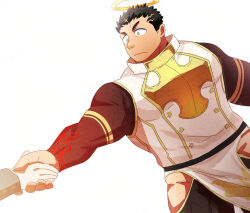 Rule 34 | 1boy, 1other, backlighting, bara, black bodysuit, bodysuit, clothing cutout, cowboy shot, facial hair, fire, flaming halo, halo, highres, holding hands, large pectorals, male focus, mature male, muscular, muscular male, pectorals, pelvic curtain, pulling, short hair, sideburns stubble, solo focus, stubble, suna sand1, surprised, thick eyebrows, thigh cutout, tokyo houkago summoners, wide-eyed, zabaniyya (housamo)