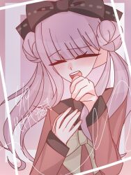 1girl black_bow blush bow closed_eyes female_focus hair_bow hands_up long_hair open_mouth pink_hair solo solo_focus teeth the_hundred_line_-last_defense_academy- tsukumo_kako twintails upper_teeth_only
