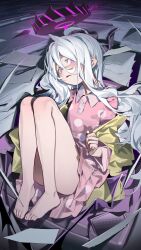 1girl absurdres black_halo black_horns blue_archive demon_horns halo highres hina_(blue_archive) hina_(pajamas)_(blue_archive) horns multiple_horns official_alternate_costume omurice_(304975636) pajamas paper pen pink_pajamas polka_dot polka_dot_pajamas purple_eyes solo white_hair