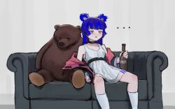 Rule 34 | ..., 1girl, alcohol, animal ears, arms at sides, bare shoulders, bear ears, bear girl, beer, beer bottle, belt, black belt, black coat, blue hair, blunt bangs, blunt ends, blunt sidelocks, blush, bottle, breasts, buckle, chest belt, coat, collarbone, commentary, couch, dress, drunk, elbow rest, english commentary, eyebrows hidden by hair, feet out of frame, go! go! gris!, gris (go! go! gris!), half-closed eyes, highres, holding, holding bottle, ikea, ikea bear, kneehighs, large teddy bear, leaning back, long sleeves, medium hair, nose blush, off shoulder, on couch, open clothes, open coat, open mouth, original, pink coat, pink eyes, reclining, red eyes, see-through clothes, see-through skirt, see-through sleeves, short dress, sidelocks, sitting, skirt, sleeveless, sleeveless dress, small breasts, snap-fit buckle, socks, solo, stuffed animal, stuffed toy, teddy bear, thighs, two-sided coat, two-sided fabric, underbust, vertigris, white background, white dress, white socks