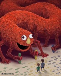 Rule 34 | 2boys, artist name, blue shirt, brothers, commentary, crayon, cross-eyed, drawing (action), drawing (object), eldritch abomination, elmo, english commentary, extra arms, green shirt, highres, holding, holding crayon, horror (theme), instagram logo, instagram username, jr (jarsarts), monster, multiple boys, music, sesame street, shirt, short hair, siblings, singing, standing