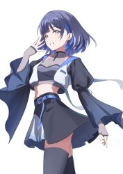 1girl absurdres belt black_jacket black_skirt black_thighhighs blue_belt blue_eyes blue_hair blue_shirt breasts crop_top earrings fingerless_gloves gakuen_idolmaster gloves hand_up hataya_misuzu highres idolmaster jacket jewelry long_sleeves looking_at_viewer midriff mole mole_under_mouth open_clothes open_jacket shirt short_hair simple_background skirt small_breasts solo thighhighs vec_ka white_background wide_sleeves