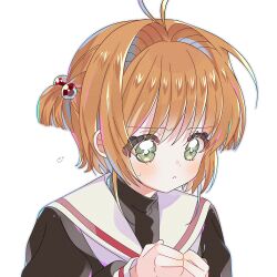 1girl :&lt; black_shirt blush brown_hair cardcaptor_sakura closed_mouth green_eyes hair_bobbles hair_ornament hands_up highres kinomoto_sakura long_sleeves portrait sailor_collar shirt short_hair simple_background solo sweatdrop turtleneck turtleneck_shirt two_side_up white_background white_sailor_collar yalmyu