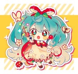 1girl :d blue_eyes blue_hair blush_stickers boots bow bowtie brown_boots bug butterfly chibi chibi_only commentary dress flower frilled_dress frills full_body hair_ribbon hatsune_miku highres holding holding_stick inomo_(qimoshu) insect ladybug long_hair looking_at_viewer open_mouth outline puffy_short_sleeves puffy_sleeves red_ribbon ribbon short_sleeves smile solo stick symbol-only_commentary vocaloid white_bow white_bowtie white_dress white_outline yellow_background