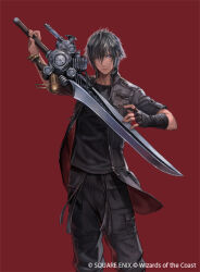1boy aqua_eyes black_gloves black_hair black_jacket black_pants black_shirt closed_mouth cowboy_shot final_fantasy final_fantasy_xv fingerless_gloves gloves hair_between_eyes holding holding_weapon jacket kato_ayaka looking_at_viewer magic:_the_gathering male_focus noctis_lucis_caelum pants red_background shirt short_hair short_sleeves single_fingerless_glove solo square_enix weapon