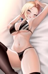1girl absurdres alternate_costume armpits bikini black_bikini black_thighhighs blonde_hair blush goddess_of_victory:_nikke hair_ribbon highres looking_at_viewer ludmilla_(nikke) lying midriff navel on_back open_mouth parted_bangs ribbon skindentation solo string_bikini swimsuit thighhighs thighs yellow_eyes yomining