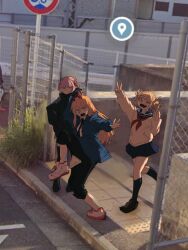 Rule 34 | 3girls, black footwear, black pants, blonde hair, blue eyes, blunt bangs, boku no hero academia, braid, braided hair rings, cardigan, chain-link fence, chainsaw man, crossover, double bun, double v, female focus, fence, full body, ginjaeru, google maps, google street view, hair bun, hair rings, high school girls posing for google street view (meme), highres, horns, long hair, looking at viewer, meme, messy hair, multiple girls, nanakusa nazuna (yofukashi no uta), neckerchief, overhead line, pants, photo background, power (chainsaw man), raised curb, red horns, red neckerchief, sailor collar, school uniform, shoes, sidewalk, smile, sneakers, standing, standing on one leg, tactile paving, toga himiko, trait connection, v, vampire, white footwear, yellow eyes, yofukashi no uta