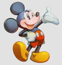 1boy absurdres animal_ears gloves grey_background happy highres looking_at_viewer mickey_mouse mickey_mouse_&amp;_friends mouse_boy mouse_ears mouse_tail naniwoou open_mouth shoes simple_background smile solo tagme tail white_gloves yellow_shoes
