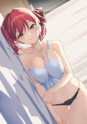1girl breasts camisole cleavage heterochromia highres hololive houshou_marine large_breasts looking_at_viewer panties red_eyes red_hair reulem smile solo underwear virtual_youtuber yellow_eyes