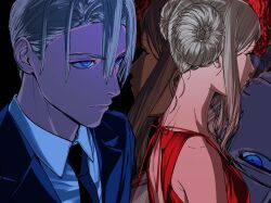 1boy 1girl alternate_costume alternate_hairstyle amikoiiko backless_dress backless_outfit beads black_background blonde_hair blue_eyes blue_necktie blue_suit closed_mouth collarbone collared_shirt commentary_request cosplay dimitri_alexandre_blaiddyd donut_hair_bun dress dress_ribbon edelgard_von_hresvelg facing_away facing_to_the_side fascinator fire_emblem fire_emblem:_three_houses flower formal_clothes from_side hair_between_eyes hair_bun highres jacket lapels lone_nape_hair long_hair long_sidelocks median_furrow necktie nintendo notched_lapels profile red_dress red_flower shiina_ringo shirt short_hair sidelocks simple_background sleeveless sleeveless_dress sternocleidomastoid_muscle suit suit_jacket tokyo_jihen wavy_sidelocks white_hair zoom_layer