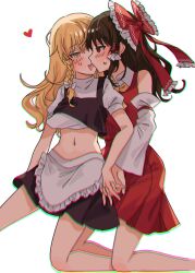 2girls amatukimahoro apron black_skirt black_vest blonde_hair blush bow braid brown_hair chromatic_aberration clothes_lift detached_sleeves dress hair_bow hakurei_reimu heart highres holding_hands interlocked_fingers kirisame_marisa midriff multiple_girls navel open_mouth red_bow red_dress red_eyes shirt shirt_lift side_braid simple_background skirt sweatdrop touhou vest white_apron white_background white_shirt yellow_eyes yuri