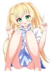 1girl :d blonde_hair blue_bow blue_bowtie blue_skirt blush bow bowtie commentary double_v eyes_visible_through_hair feet_out_of_frame green_eyes hair_between_eyes hair_intakes hair_ornament hands_up head_tilt highres knees_up long_hair looking_at_viewer official_alternate_costume open_mouth panties panty_peek puffy_short_sleeves puffy_sleeves shirt short_sleeves sidelocks simple_background sitting skirt smile solo summer_pockets tsumugi_wenders twintails underwear v very_long_hair white_background white_panties white_shirt wistar1as x_hair_ornament