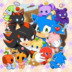 2boys 6+others amy_chao animal_ears chao_(sonic) creature dark_chao furry furry_male green_eyes heart hedgehog_boy highres holding hug jack-o&#039;-lantern knuckles_chao kusunoki_cherry male_focus multiple_boys multiple_others neutral_chao nights_chao red_eyes shadow_chao shadow_the_hedgehog sonic_(series) sonic_adventure_2 sonic_chao sonic_the_hedgehog sweatdrop tails_chao tiny_chao_garden wings