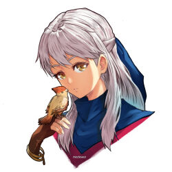 1girl animal animal_on_hand artist_name bird commentary cropped_shoulders english_commentary fire_emblem fire_emblem:_radiant_dawn long_hair looking_at_viewer meziosaur micaiah_(fire_emblem) nintendo parted_lips simple_background white_background white_hair yellow_eyes yune_(fire_emblem)