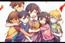 Rule 34 | 2girls, 4boys, aged down, alternate costume, antenna hair, aubrey (faraway) (omori), aubrey (omori), bailan1130, basil (faraway) (omori), basil (omori), black eyes, black hair, black shirt, blonde hair, blue eyes, blue overalls, blush, bow, bright pupils, brother and sister, brothers, brown hair, closed eyes, closed mouth, collarbone, confetti, dark-skinned male, dark skin, flower, green shirt, grin, group hug, hair bow, hair flower, hair ornament, hero (faraway) (omori), hero (omori), highres, hug, kel (faraway) (omori), kel (omori), letterboxed, long hair, looking at another, mari (faraway) (omori), mari (omori), multiple boys, multiple girls, omori, open mouth, overalls, parted lips, pink bow, pink shirt, pleated skirt, red bow, shirt, short sleeves, siblings, skirt, smile, sunny (omori), t-shirt, teeth, white pupils