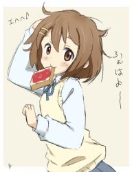 1girl blue_ribbon brown_eyes brown_hair food hair_ornament hairclip hirasawa_yui holding holding_food k-on! looking_at_viewer ma-2_(konkon_kitakitsune) messy_hair mouth_hold ribbon school_uniform scratching_head short_hair solo translation_request