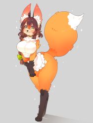 +_+ 1girl :3 animal_ear_fluff animal_ears animal_feet animal_hands animal_nose apron arched_back blush bow braid breasts brown_fur brown_hair closed_mouth fox_ears fox_girl fox_tail full_body furry furry_female green_bow green_eyes grey_background hair_between_eyes hair_bow highres large_breasts long_hair looking_at_viewer multicolored_fur navel neck_fur orange_fur original simple_background single_braid smile solo sparkle standing tail thick_thighs thighs toconikky white_apron white_fur